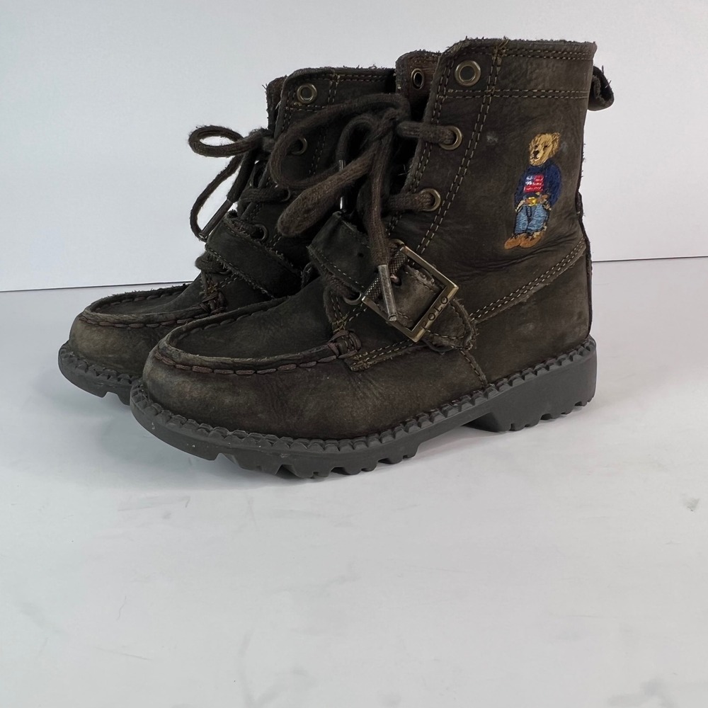 Kids Polo Ralph Lauren Ranger High Brown Leather Bear Embroidery Boots‎ Size 8.5